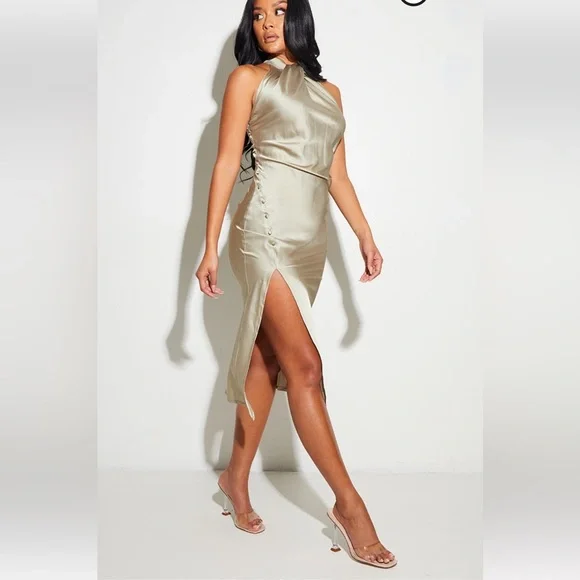 slim fit dress slacks Sage Green Satin Cowl Neck Bridesmaid Dress Sheath Midi
